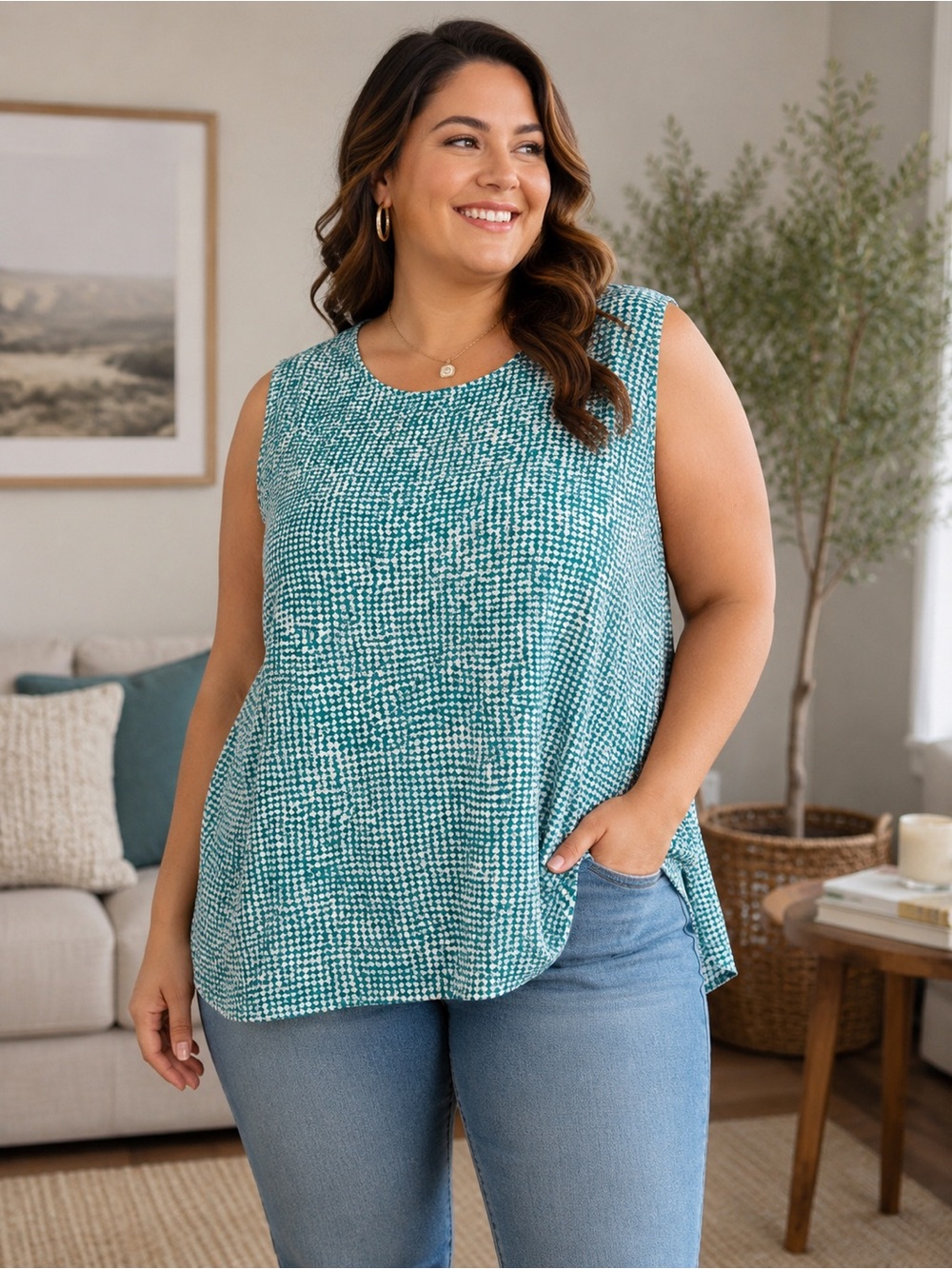 Fever Aqua White Geometric Print Sleeveless Blouse Top XXL